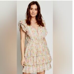 Love the Label Ines Floral Ruffle Mini Dress Pink Blue Cotton Tiered Small